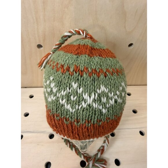 D&Y 100% Wool Knit Earflap Beanie Hat Fleece Lined Nepal Orange Green Nordic - Picture 4 of 12